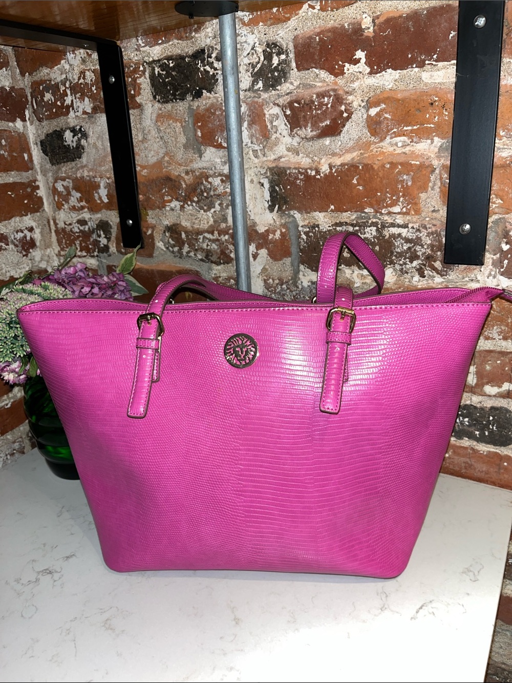 Anne Klein Vibrant Fuchsia Tote with Textured gold  Lion Emboss 15  by 91/2